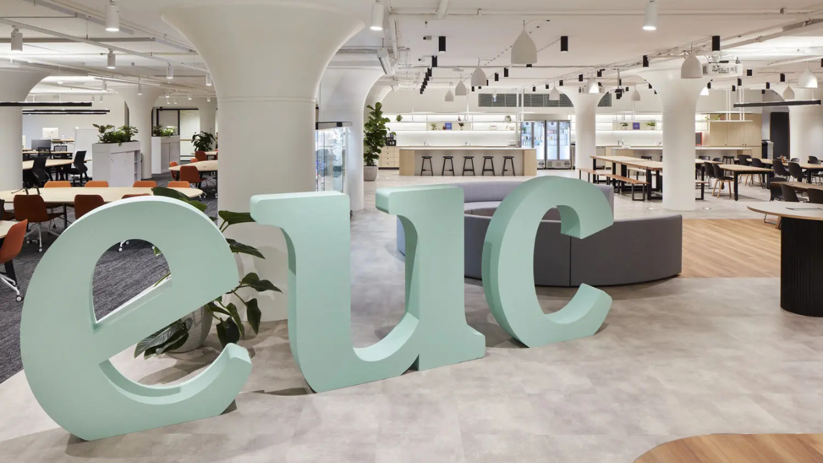 Sculptural “euc” letters displayed in a bright, contemporary office.